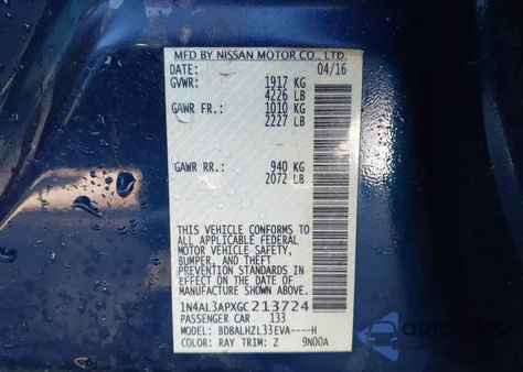 2016 Nissan Altima 2.5 Sr z USA, uszkodzony, nr VIN 1N4AL3APXGC213724